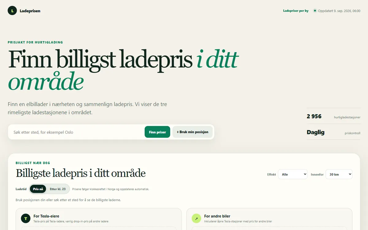 Skjermbilde av forsiden til Ladeprisen